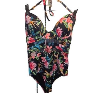 Shade & Shore Sz. 34B Black Floral Stringy Black One Piece